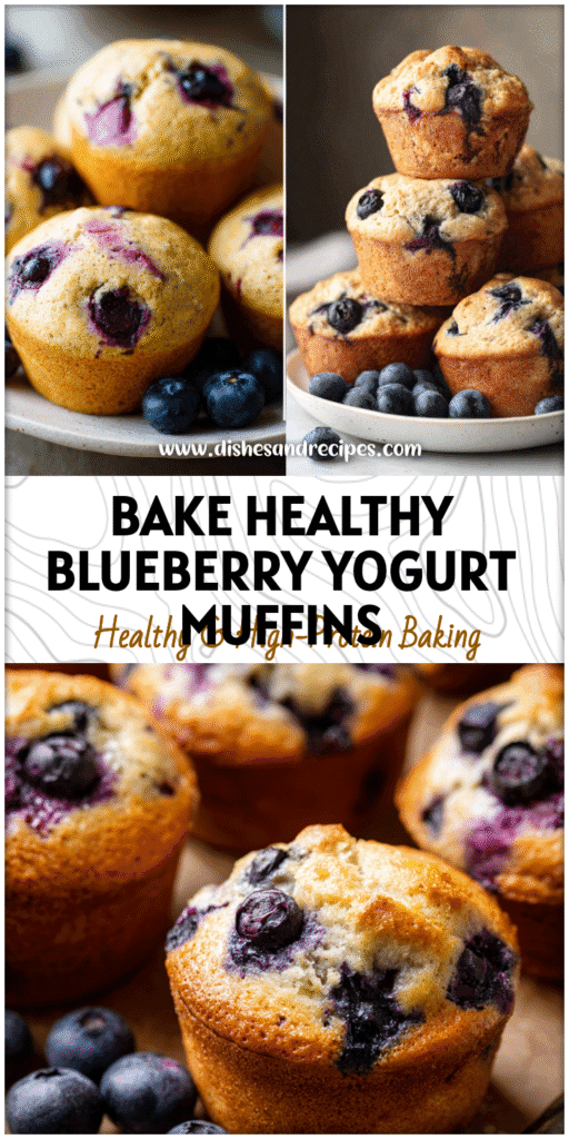 Freshly baked healthy homemade blueberry yogurt muffins on a plate, soft and moist with extra blueberries.
